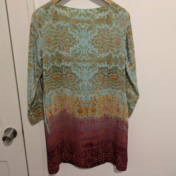 Anthropologie Maeve "Cleome" Turquoise Ombre Silk Open Sleeve Shift Dress - Picture 9 of 11